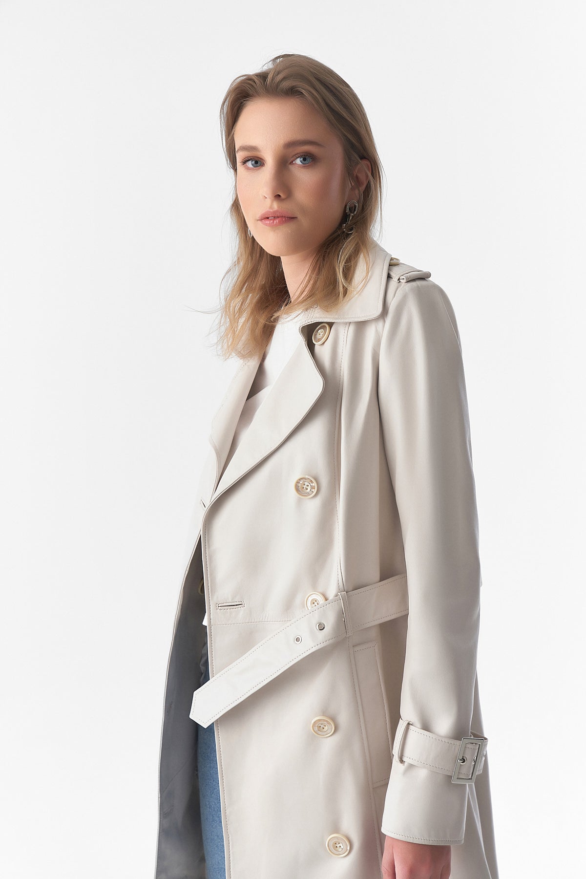 Women's Genuine Leather Trench Coat, Beige