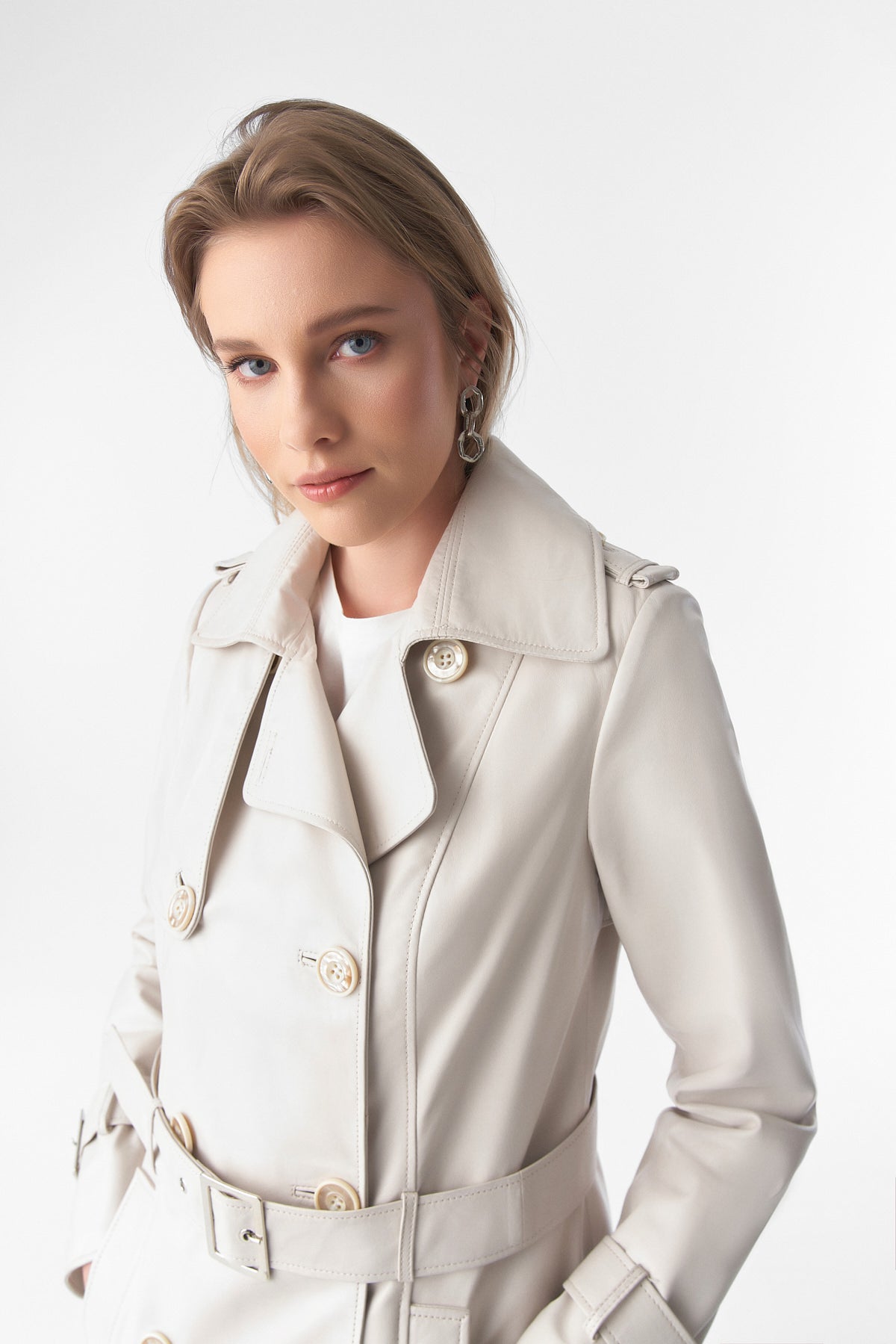 Women's Genuine Leather Trench Coat, Beige