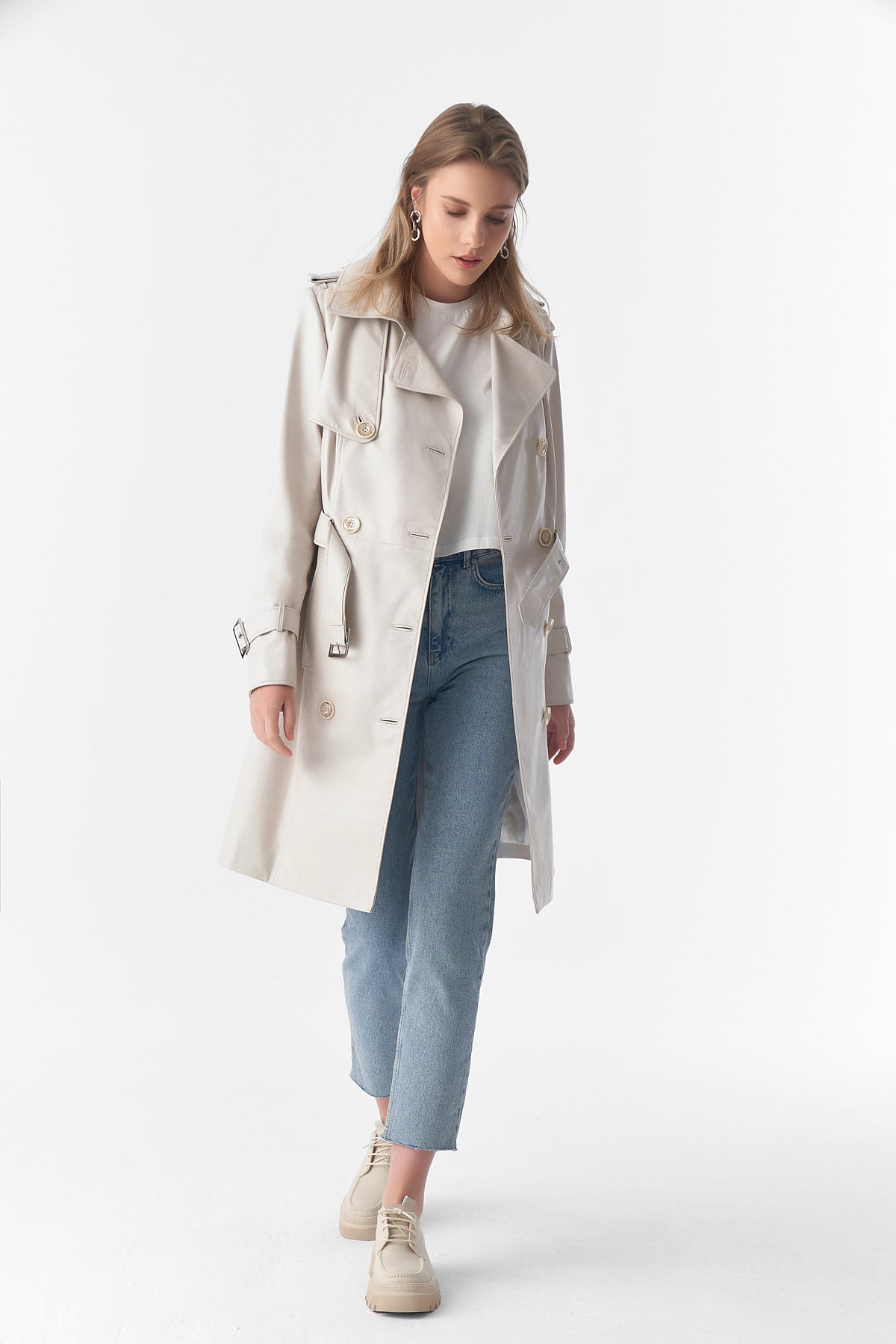 Women's Genuine Leather Trench Coat, Beige