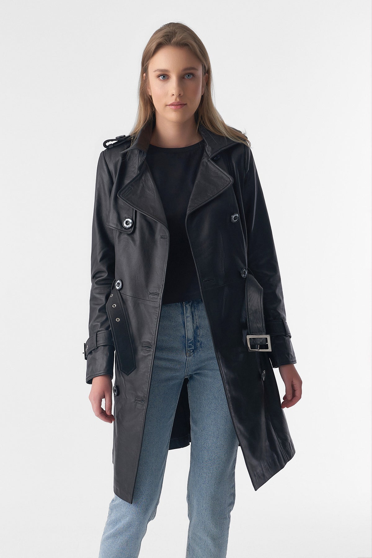 Women's Trench Coat, Black Leather