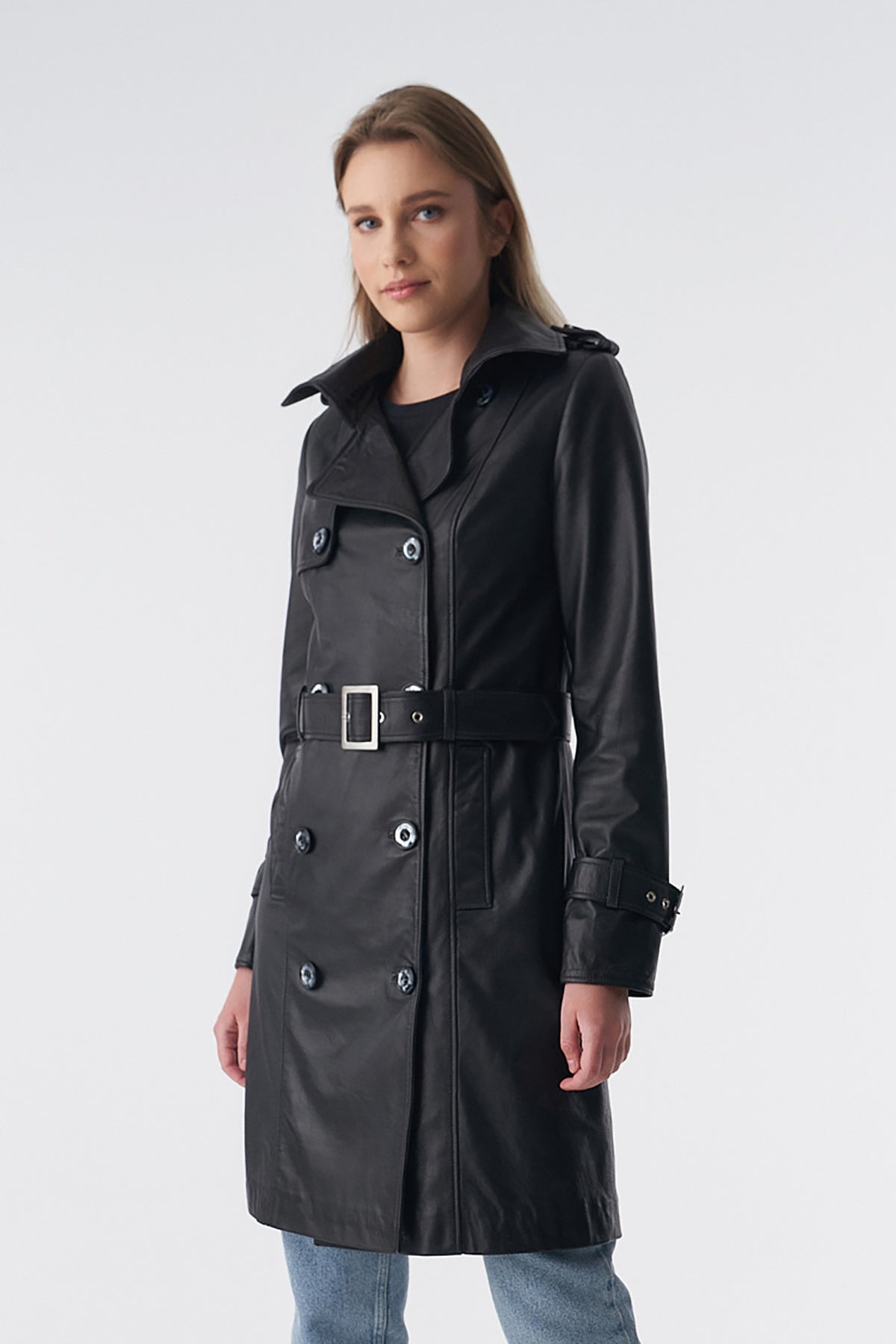 Women's Trench Coat, Black Leather