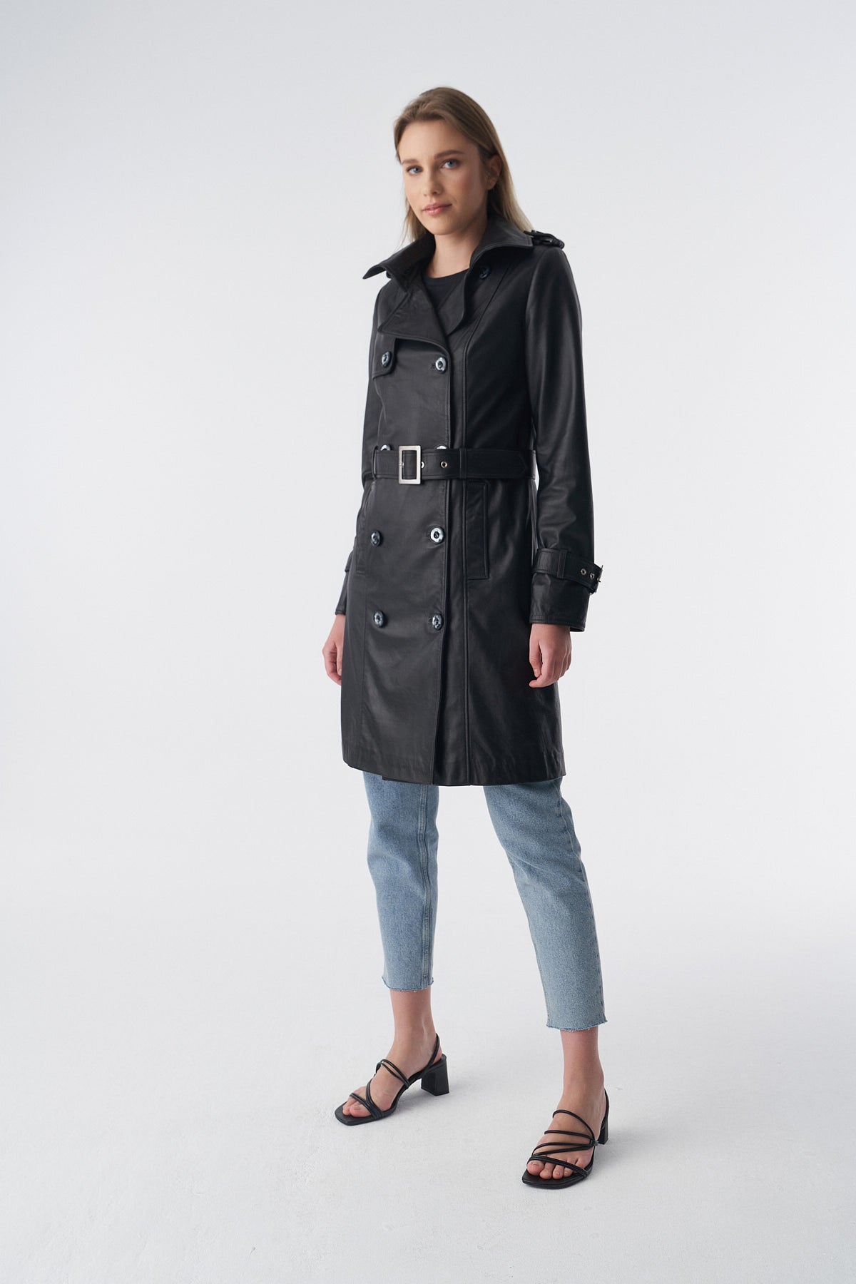 Women's Trench Coat, Black Leather