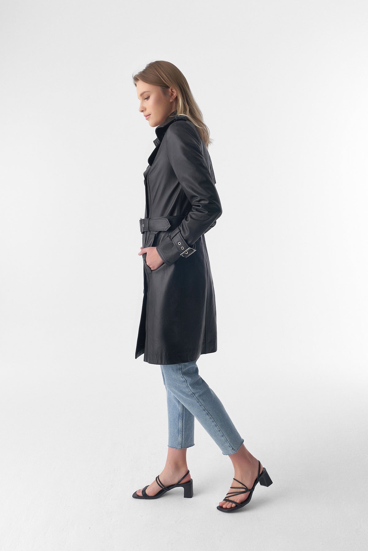 Women's Trench Coat, Black Leather