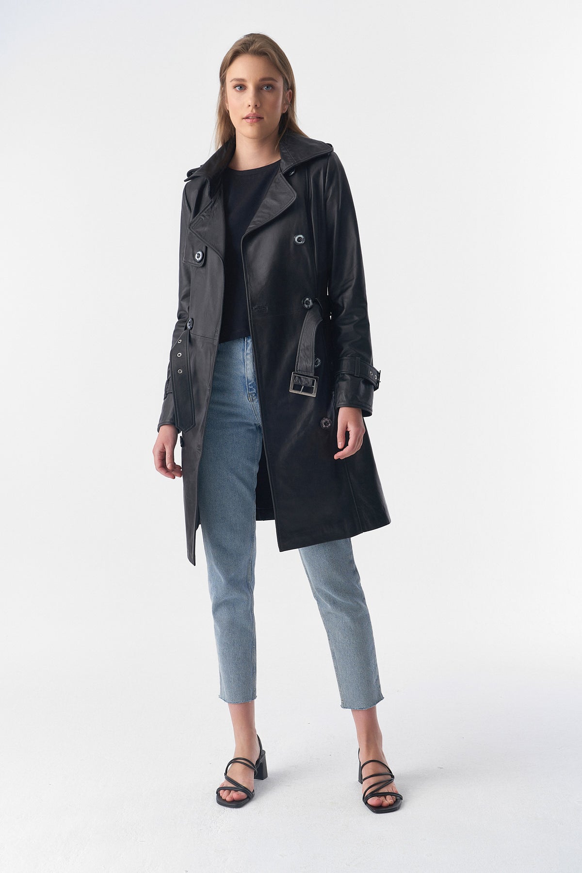 Women's Trench Coat, Black Leather