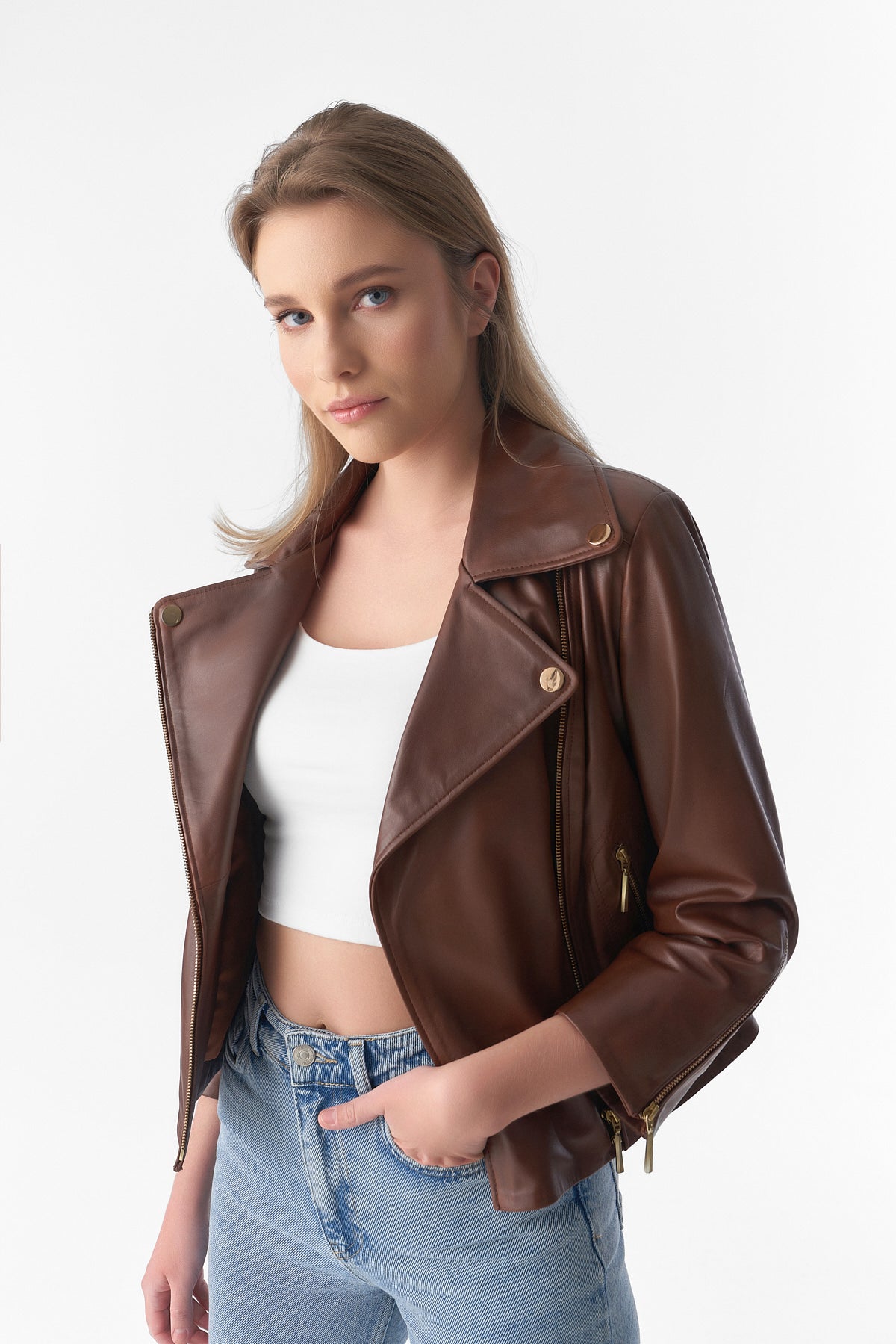 Short-Sleeve Biker Jacket, Antique Tan