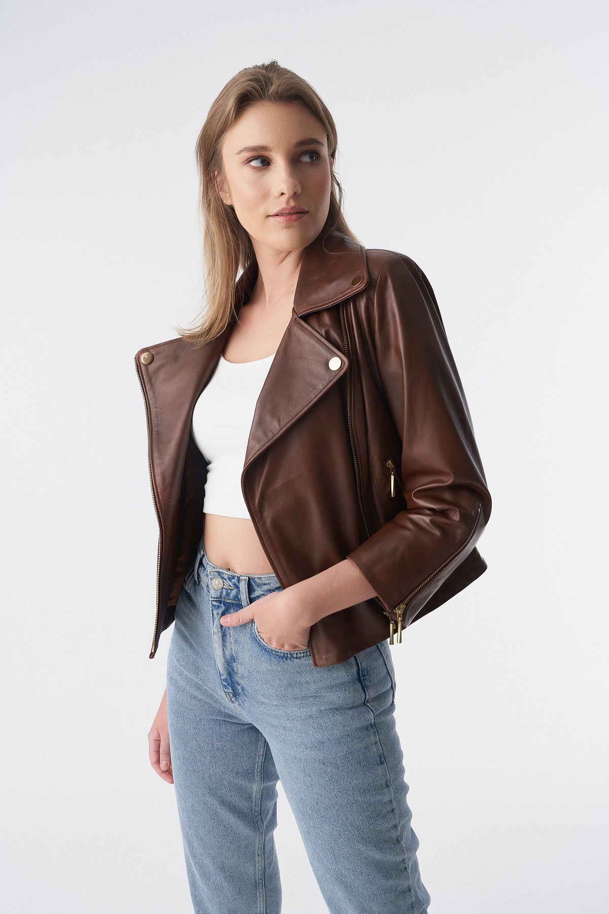 Short-Sleeve Biker Jacket, Antique Tan