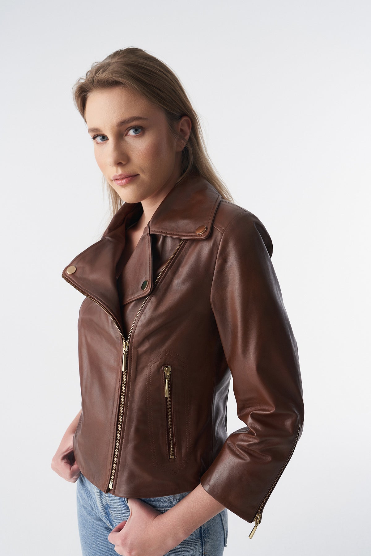 Short-Sleeve Biker Jacket, Antique Tan