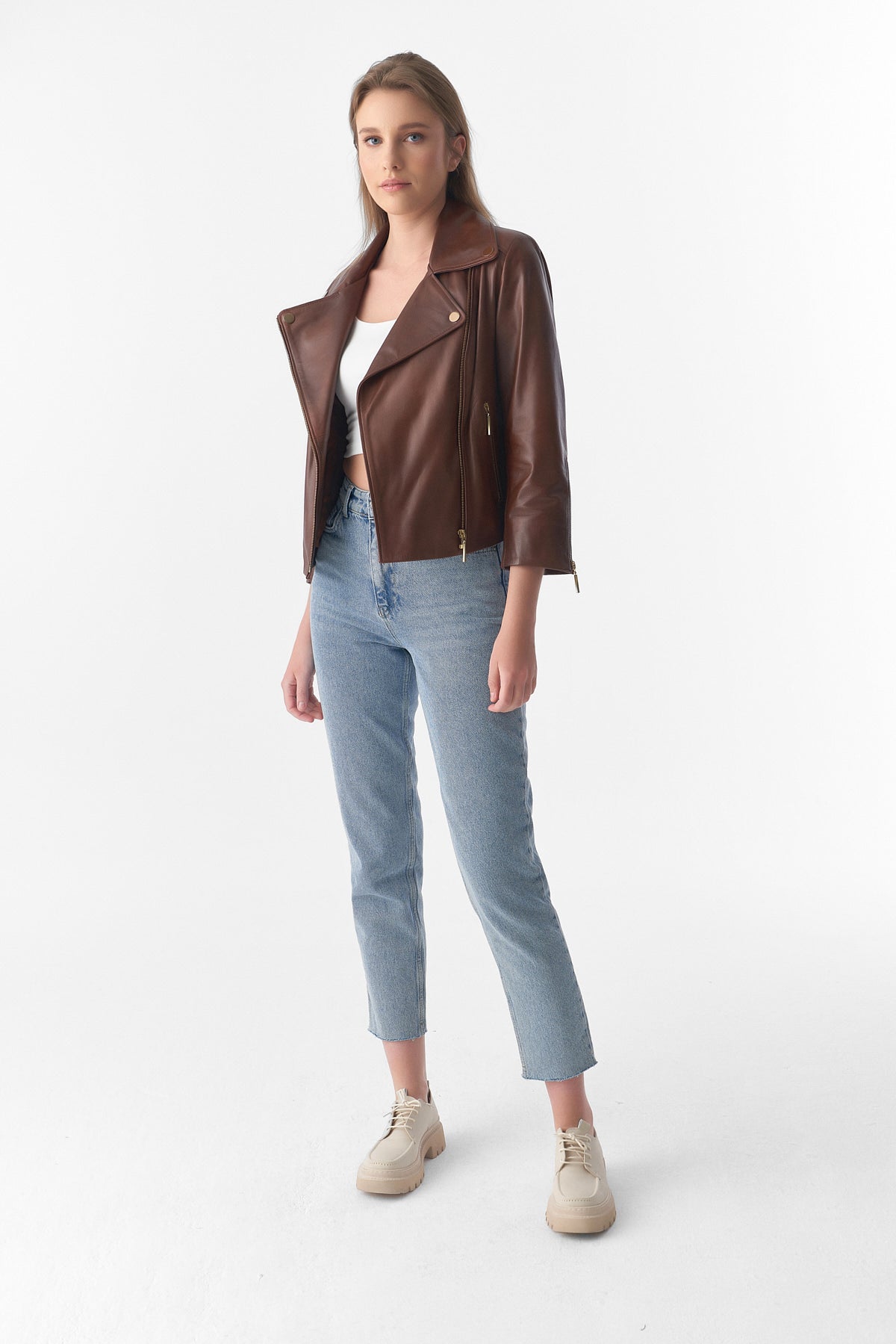 Short-Sleeve Biker Jacket, Antique Tan