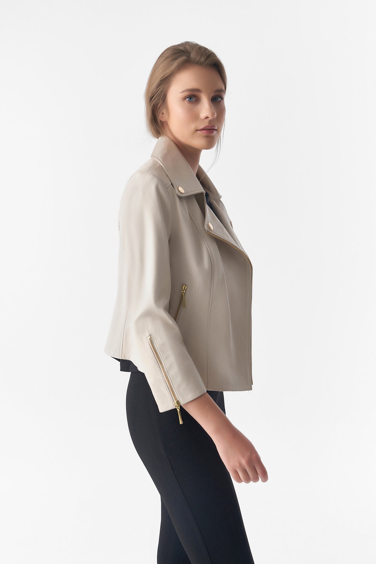 Short-Sleeve Biker Jacket, Beige