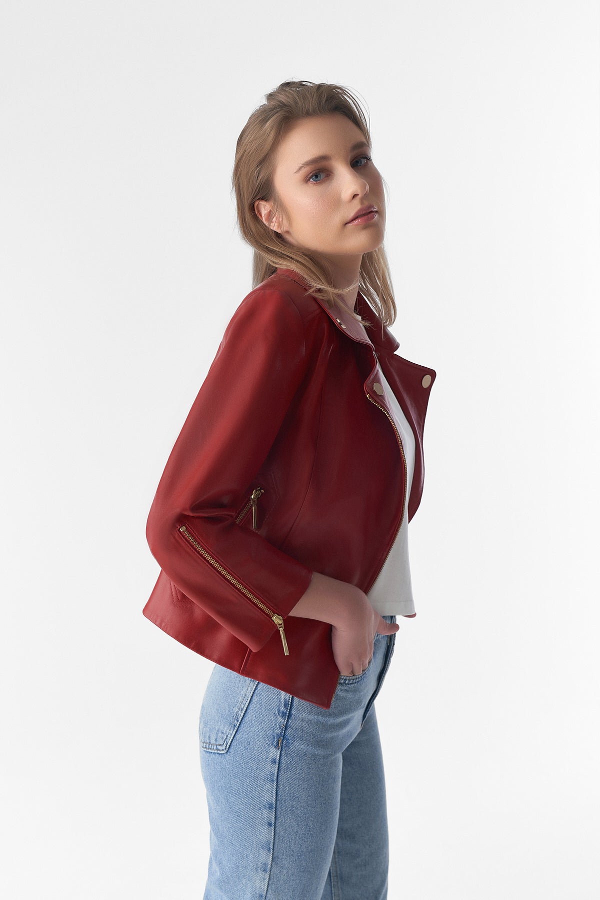 Short-Sleeve Biker Jacket, Burgundy