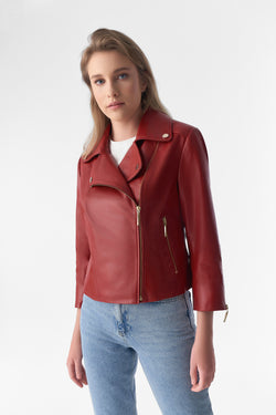 Image of Short-Sleeve Biker Jacket, Burgundy