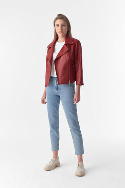 Image of Short-Sleeve Biker Jacket, Burgundy