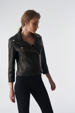 Image of Women's Short-Sleeve Biker Jacket, Natural Grain Black