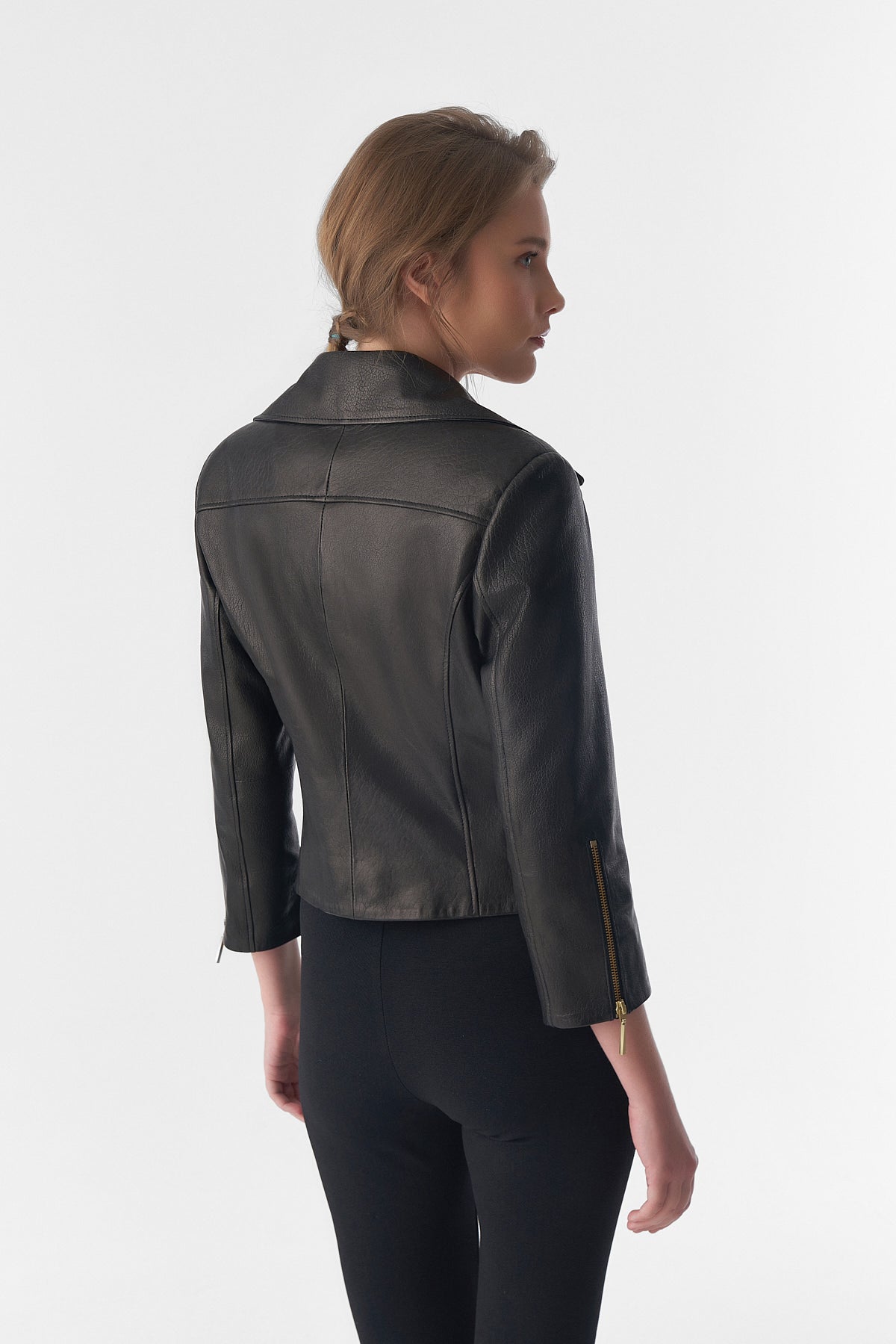 Women's Short-Sleeve Biker Jacket, Natural Grain Black