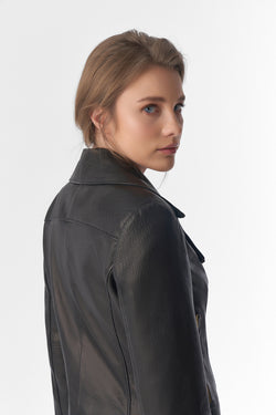 Image of Women's Short-Sleeve Biker Jacket, Natural Grain Black