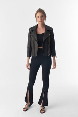 Image of Women's Short-Sleeve Biker Jacket, Natural Grain Black