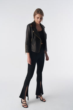 Image of Women's Short-Sleeve Biker Jacket, Natural Grain Black