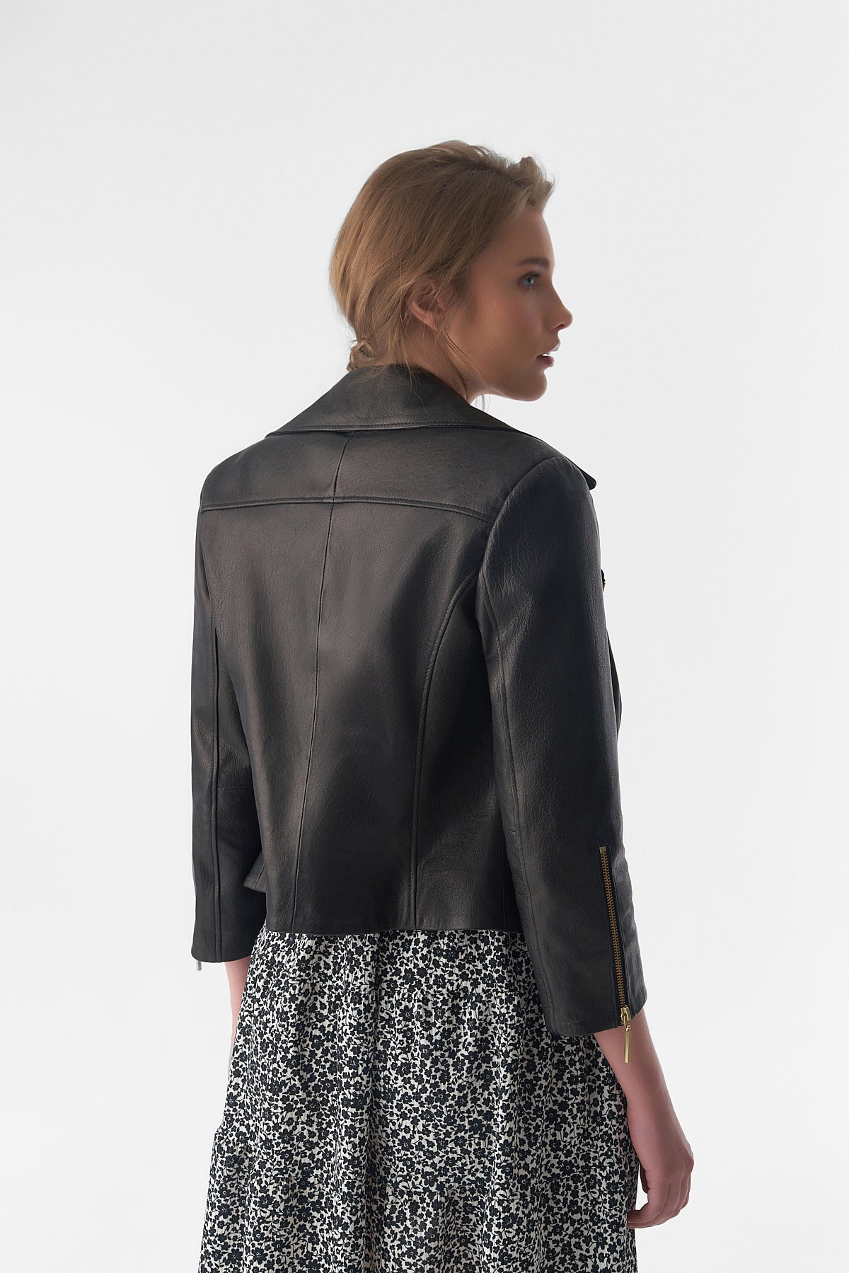 Women's Short-Sleeve Biker Jacket, Natural Grain Black