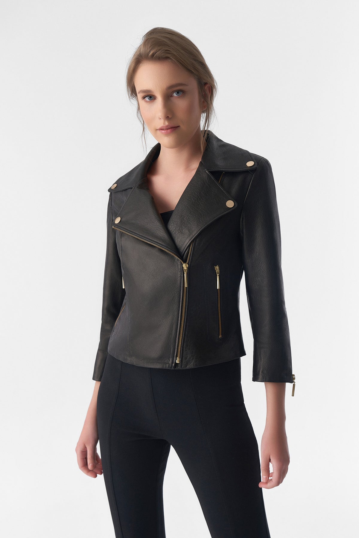 Women's Short-Sleeve Biker Jacket, Natural Grain Black