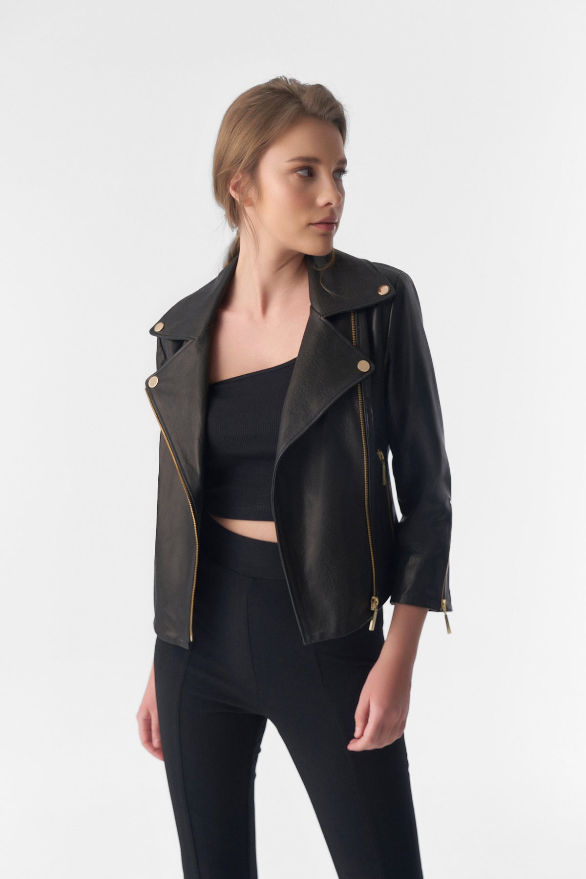 Women's Short-Sleeve Biker Jacket, Natural Grain Black