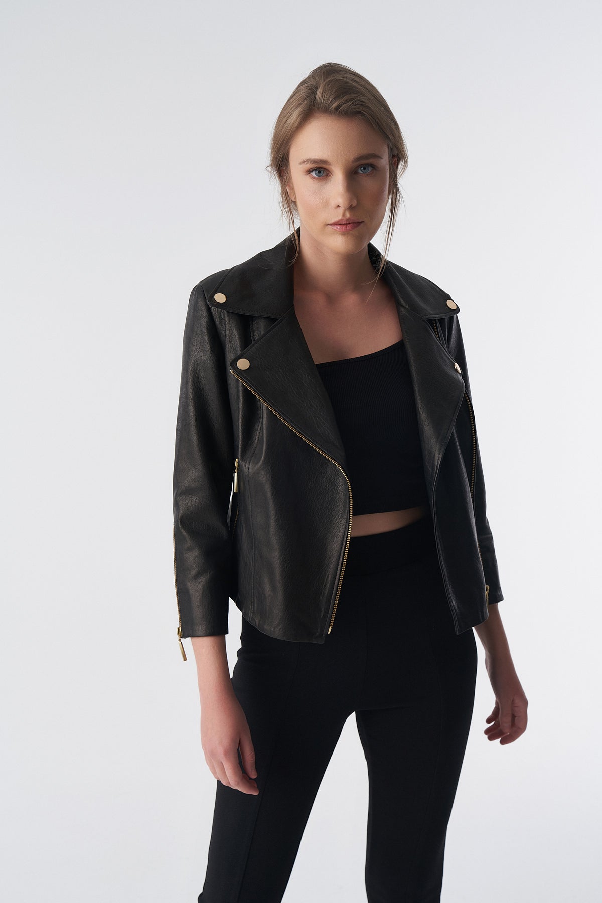 Women's Short-Sleeve Biker Jacket, Natural Grain Black