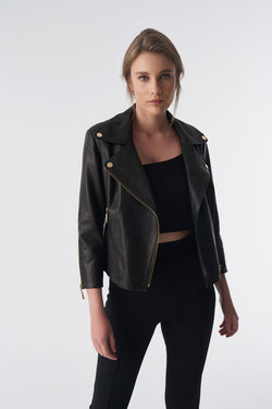 Image of Women's Short-Sleeve Biker Jacket, Natural Grain Black