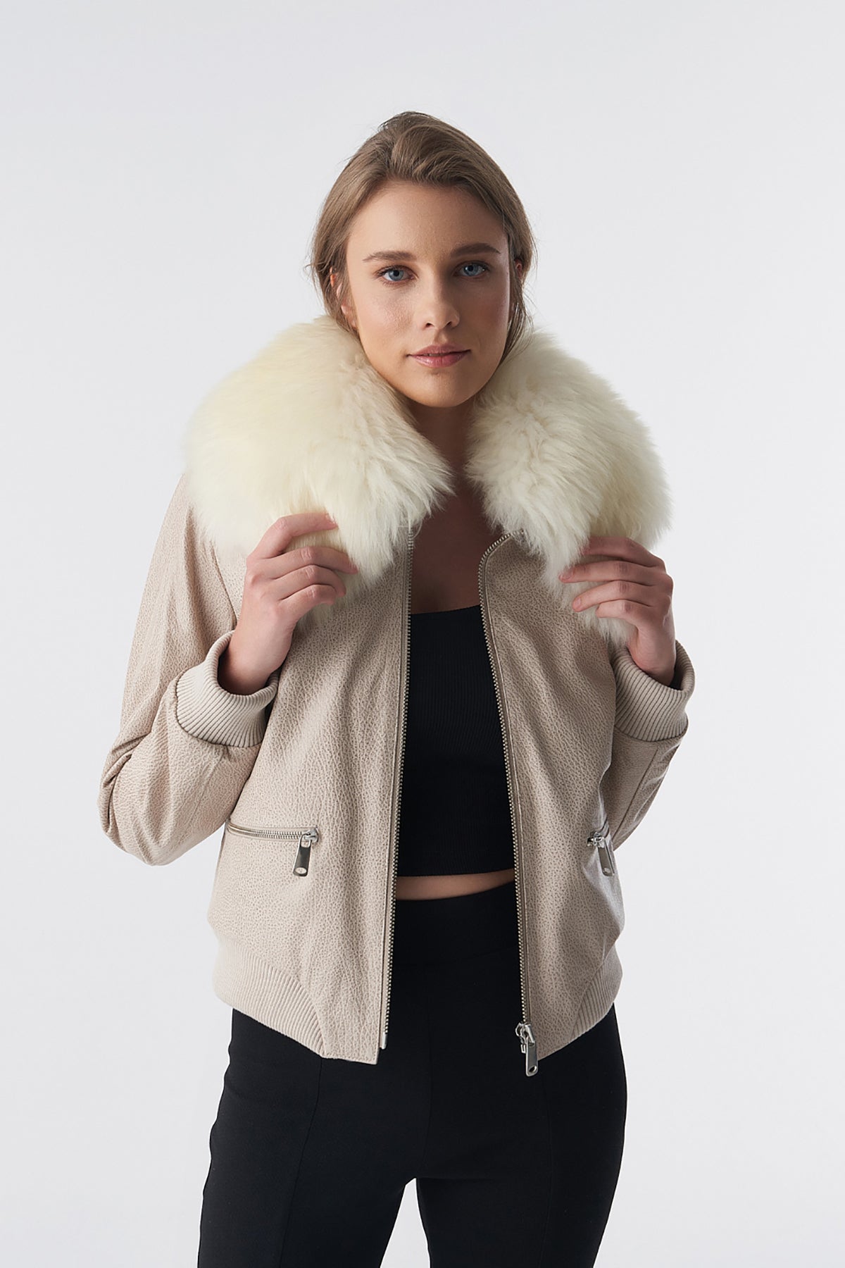 Detachable Natural Shearling Collar Bomber Jacket, Jumbo Pattern Beige