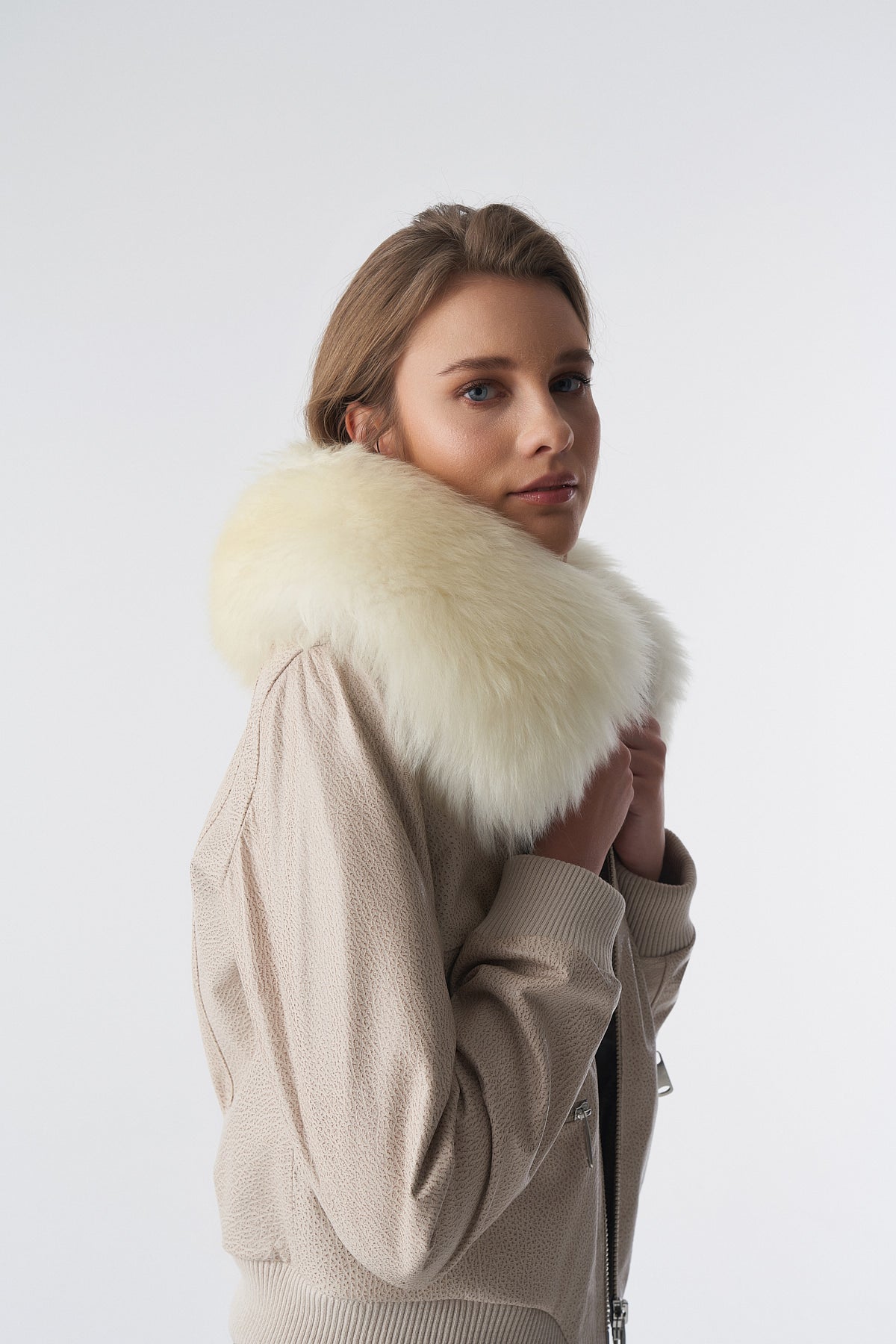 Detachable Natural Shearling Collar Bomber Jacket, Jumbo Pattern Beige