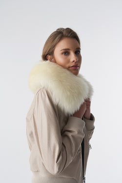 Image of Detachable Natural Shearling Collar Bomber Jacket, Jumbo Pattern Beige