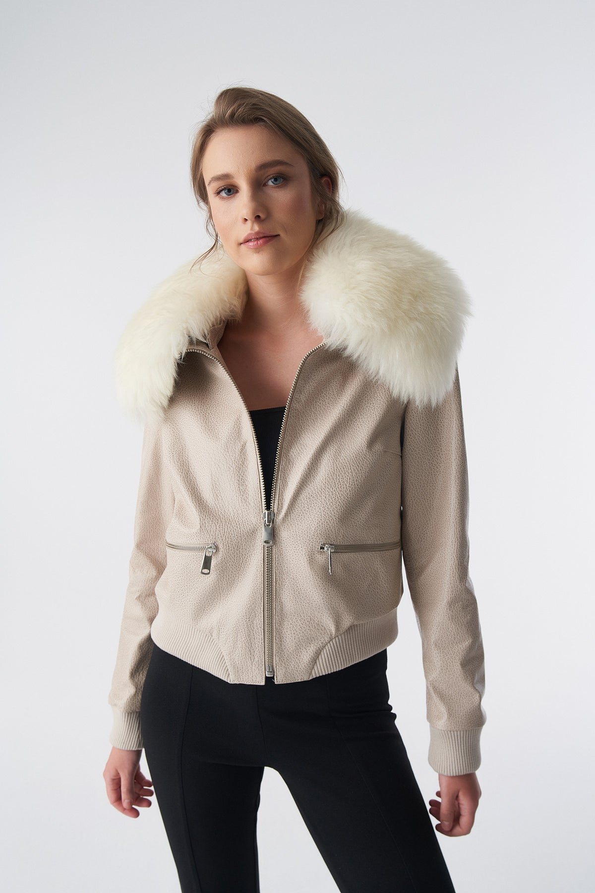 Detachable Natural Shearling Collar Bomber Jacket, Jumbo Pattern Beige