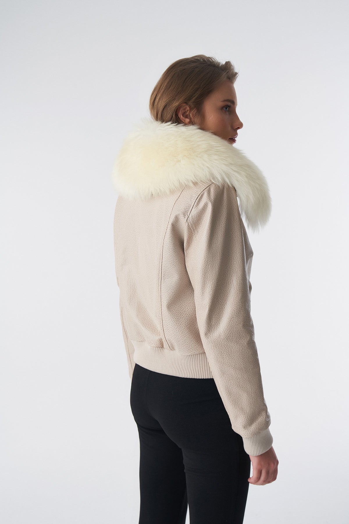 Detachable Natural Shearling Collar Bomber Jacket, Jumbo Pattern Beige