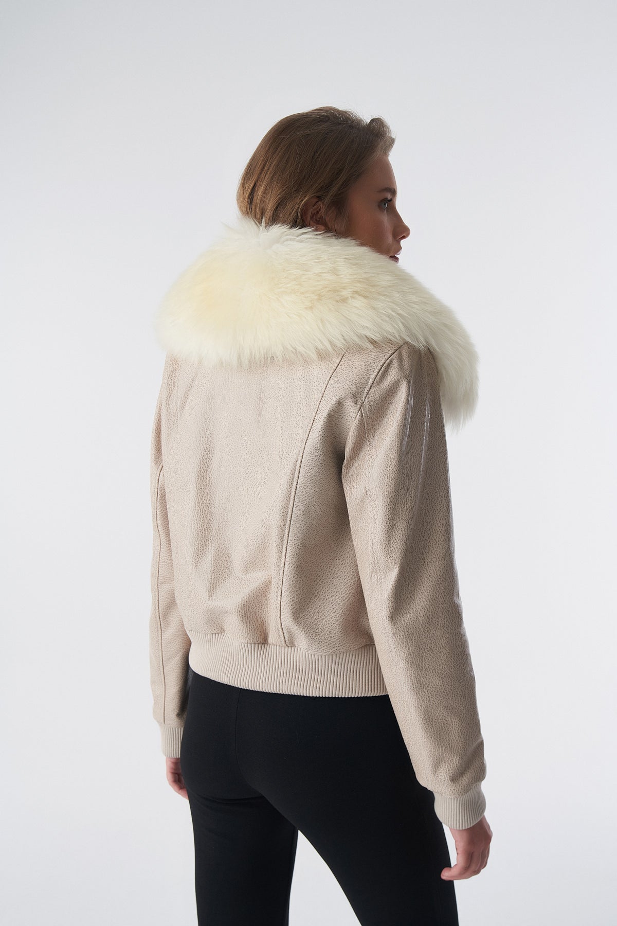 Detachable Natural Shearling Collar Bomber Jacket, Jumbo Pattern Beige