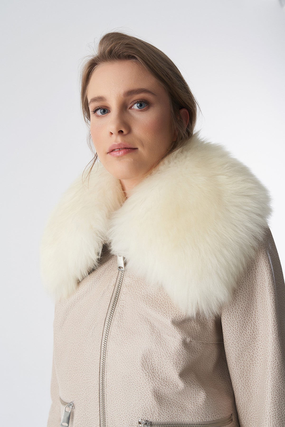 Detachable Natural Shearling Collar Bomber Jacket, Jumbo Pattern Beige