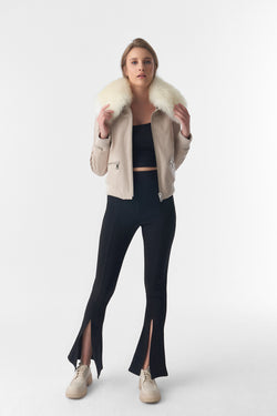 Image of Detachable Natural Shearling Collar Bomber Jacket, Jumbo Pattern Beige