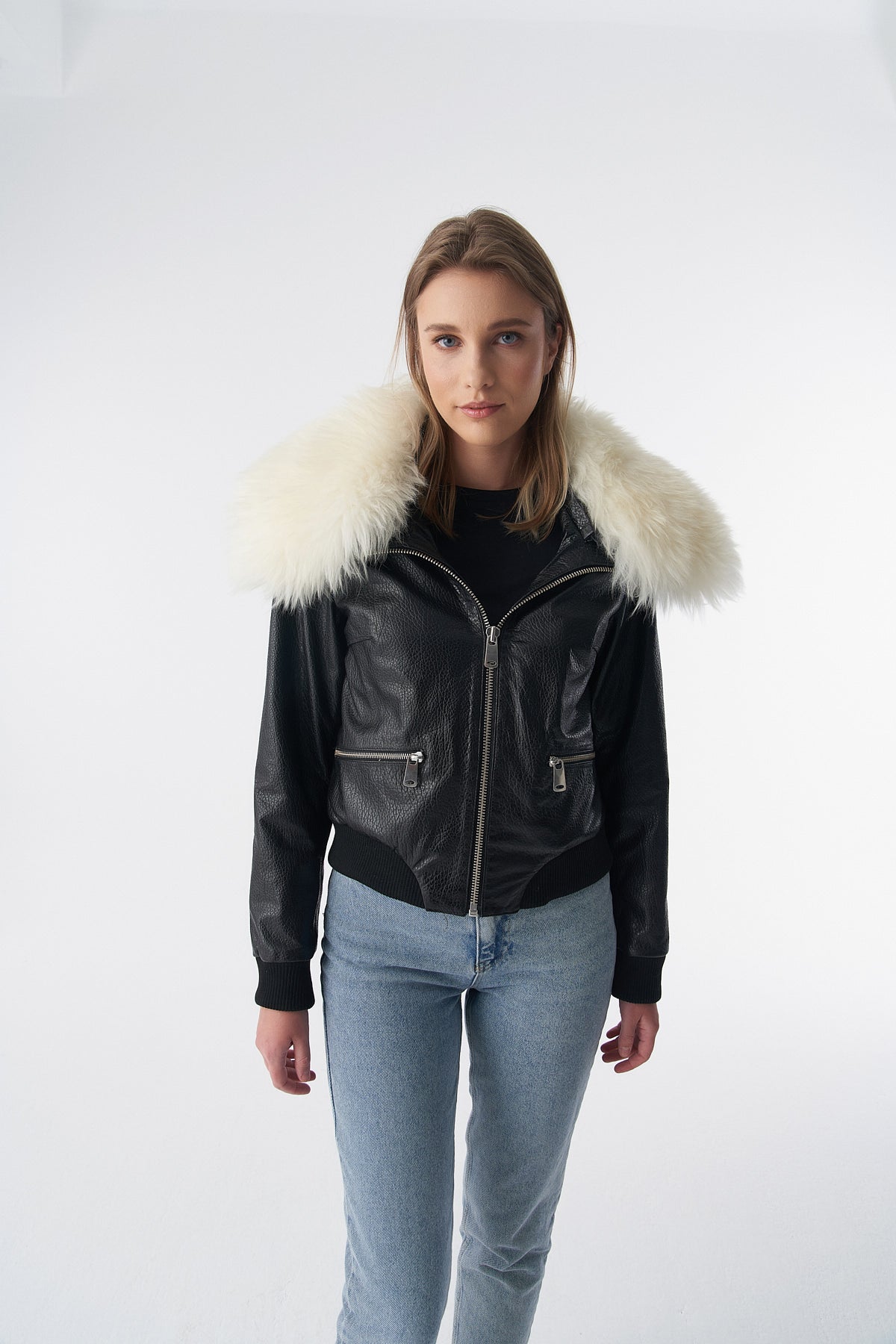 Detachable Natural Shearling Collar Bomber Jacket, Natural Grain Black