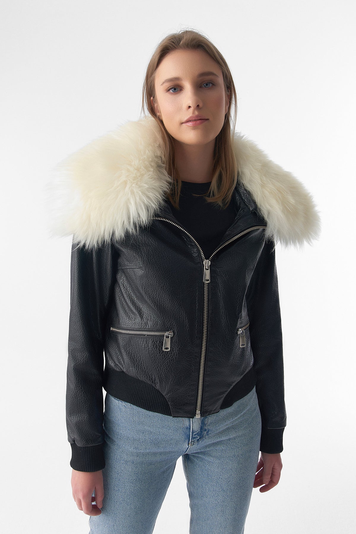 Detachable Natural Shearling Collar Bomber Jacket, Natural Grain Black