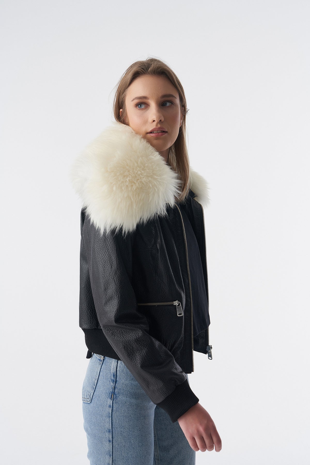 Detachable Natural Shearling Collar Bomber Jacket, Natural Grain Black