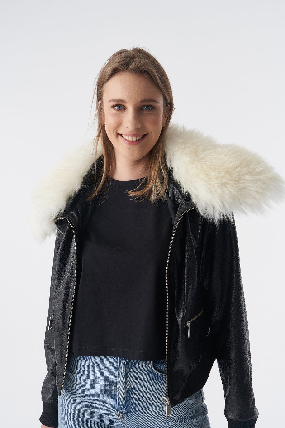 Detachable Natural Shearling Collar Bomber Jacket, Natural Grain Black