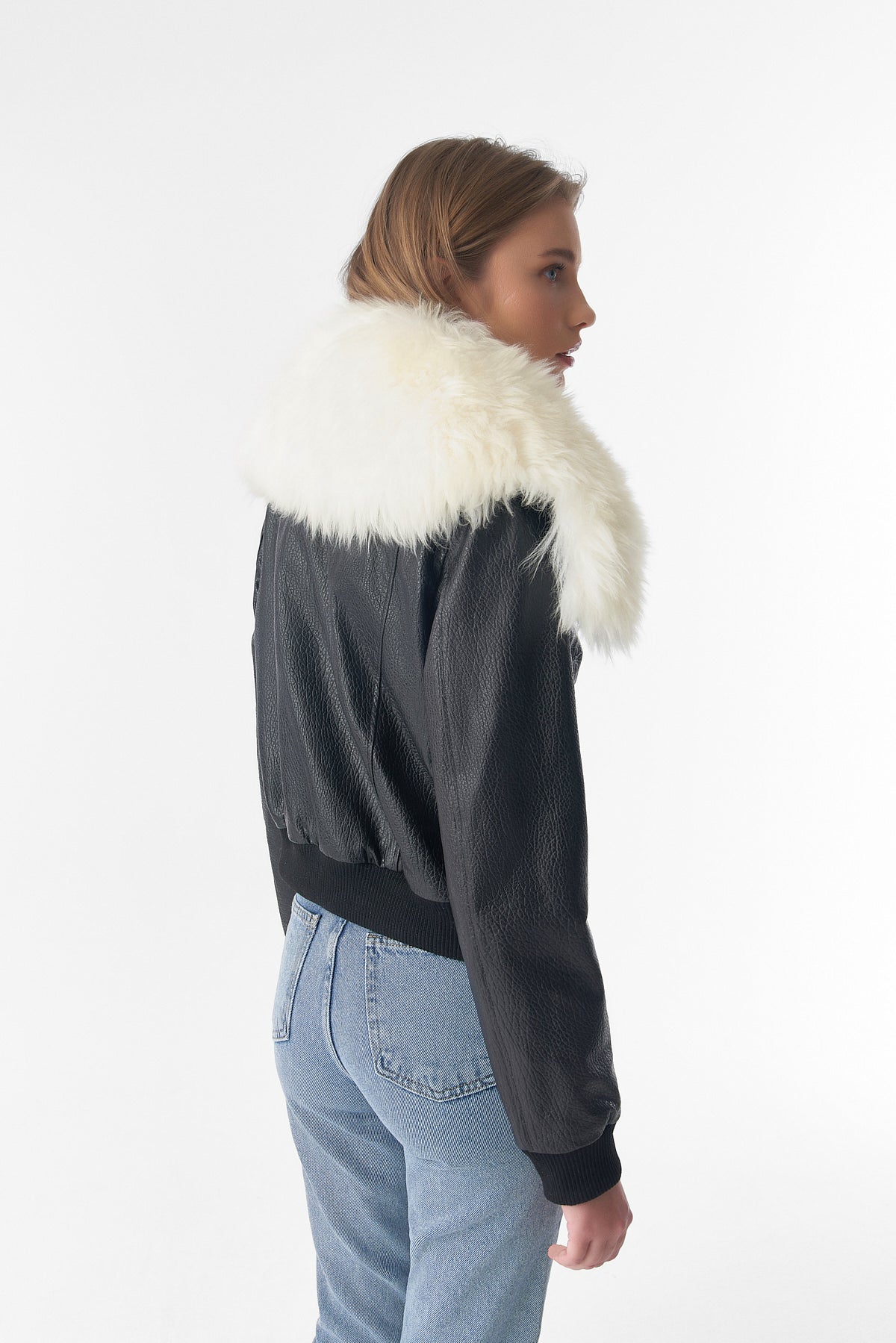 Detachable Natural Shearling Collar Bomber Jacket, Natural Grain Black