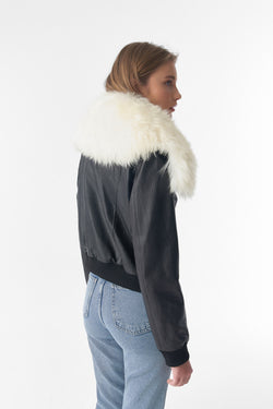 Image of Detachable Natural Shearling Collar Bomber Jacket, Natural Grain Black