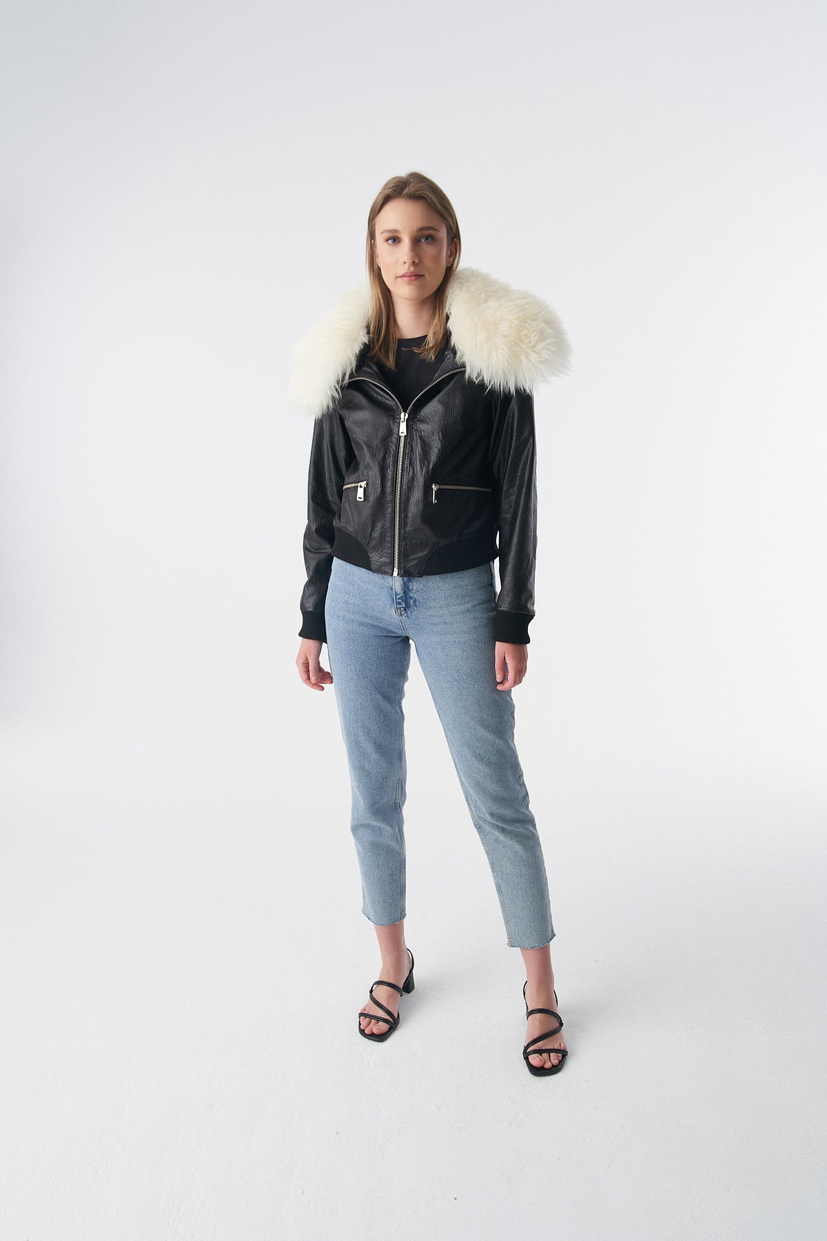 Detachable Natural Shearling Collar Bomber Jacket, Natural Grain Black