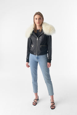 Image of Detachable Natural Shearling Collar Bomber Jacket, Natural Grain Black