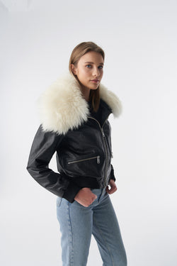 Image of Detachable Natural Shearling Collar Bomber Jacket, Natural Grain Black