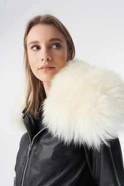 Image of Detachable Natural Shearling Collar Bomber Jacket, Natural Grain Black