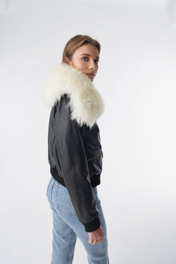 Image of Detachable Natural Shearling Collar Bomber Jacket, Natural Grain Black