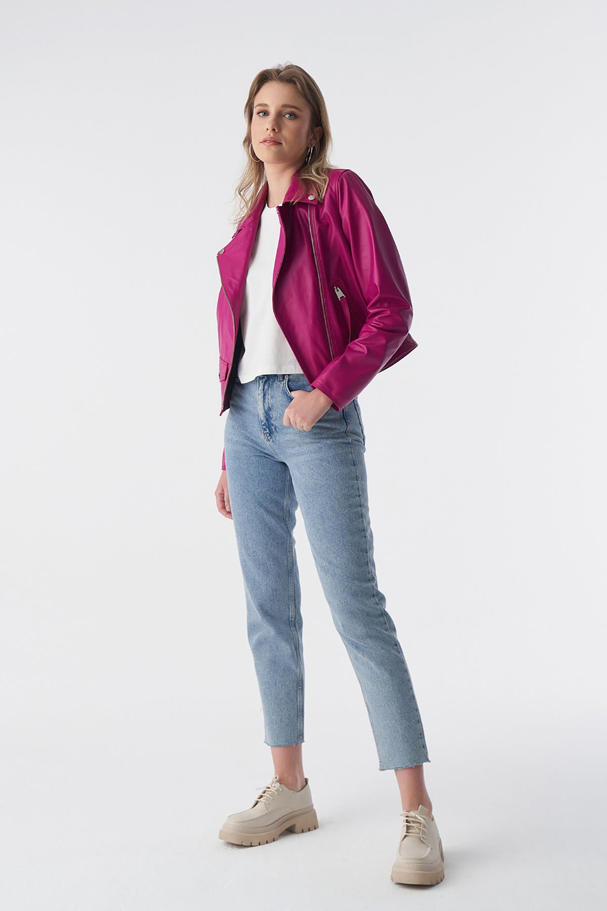 Classic Biker Jacket, Fuchsia Nappa