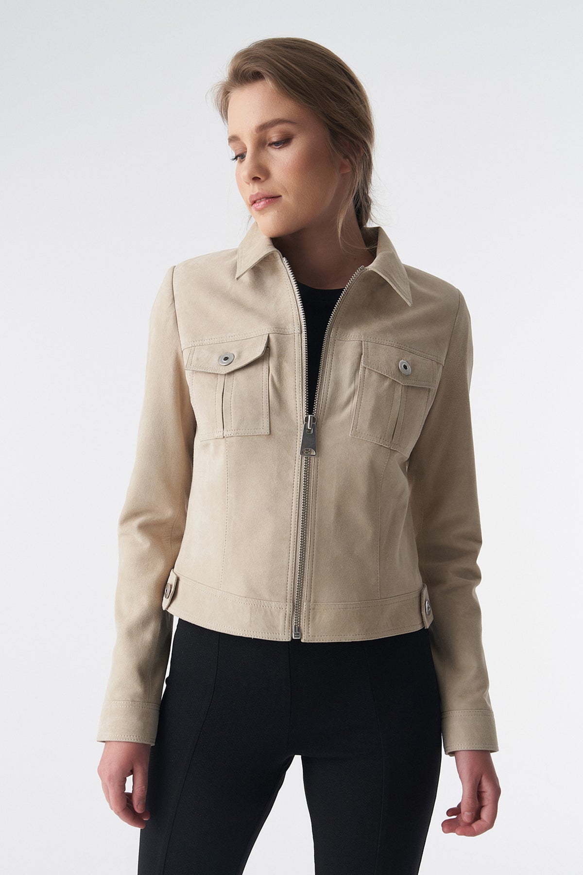 Denim Style Zipper Suede Jacket, Beige