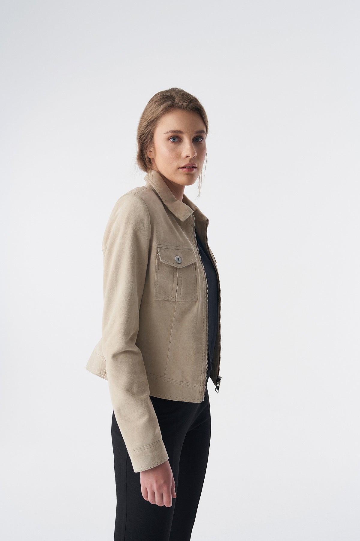 Denim Style Zipper Suede Jacket, Beige