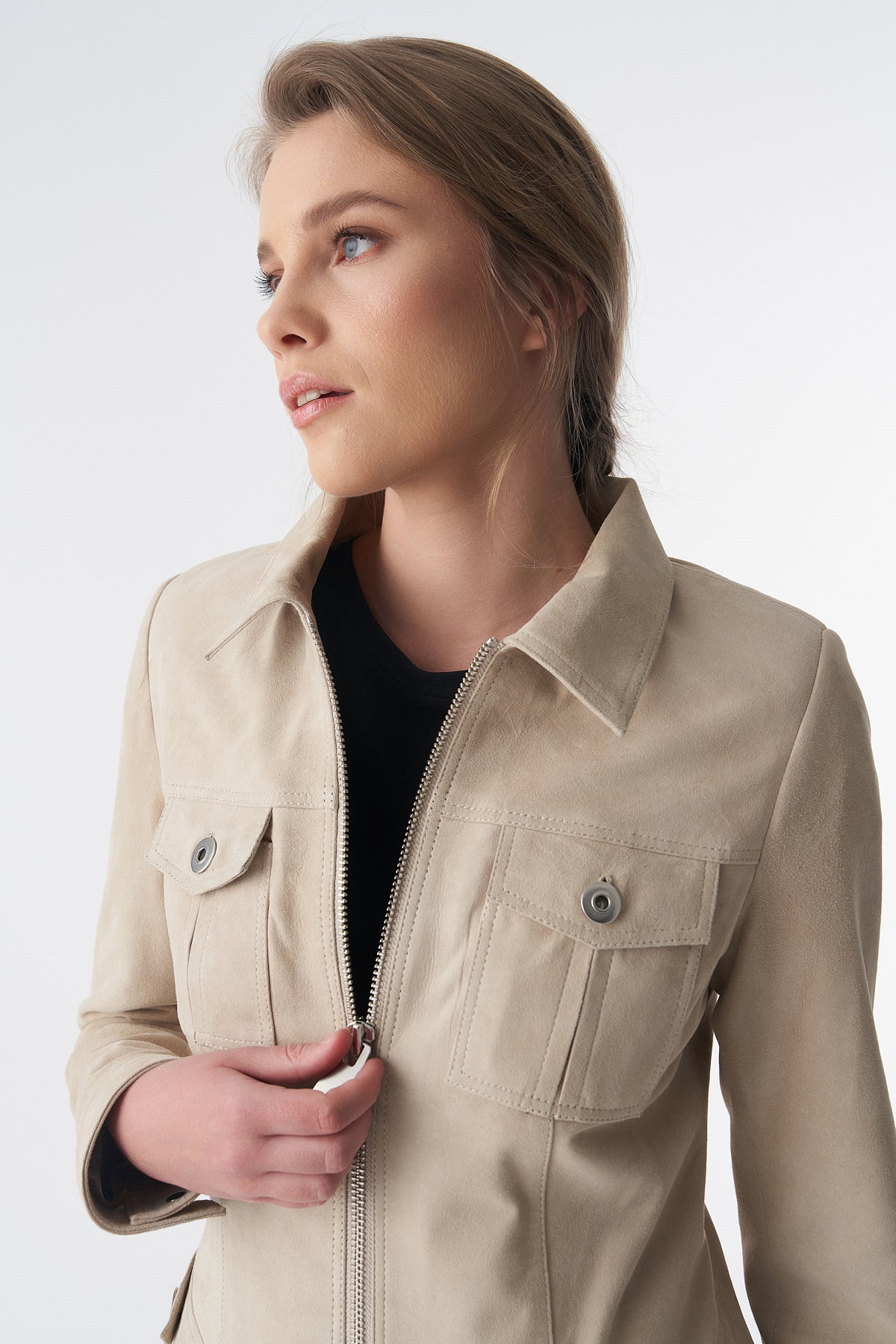 Denim Style Zipper Suede Jacket, Beige