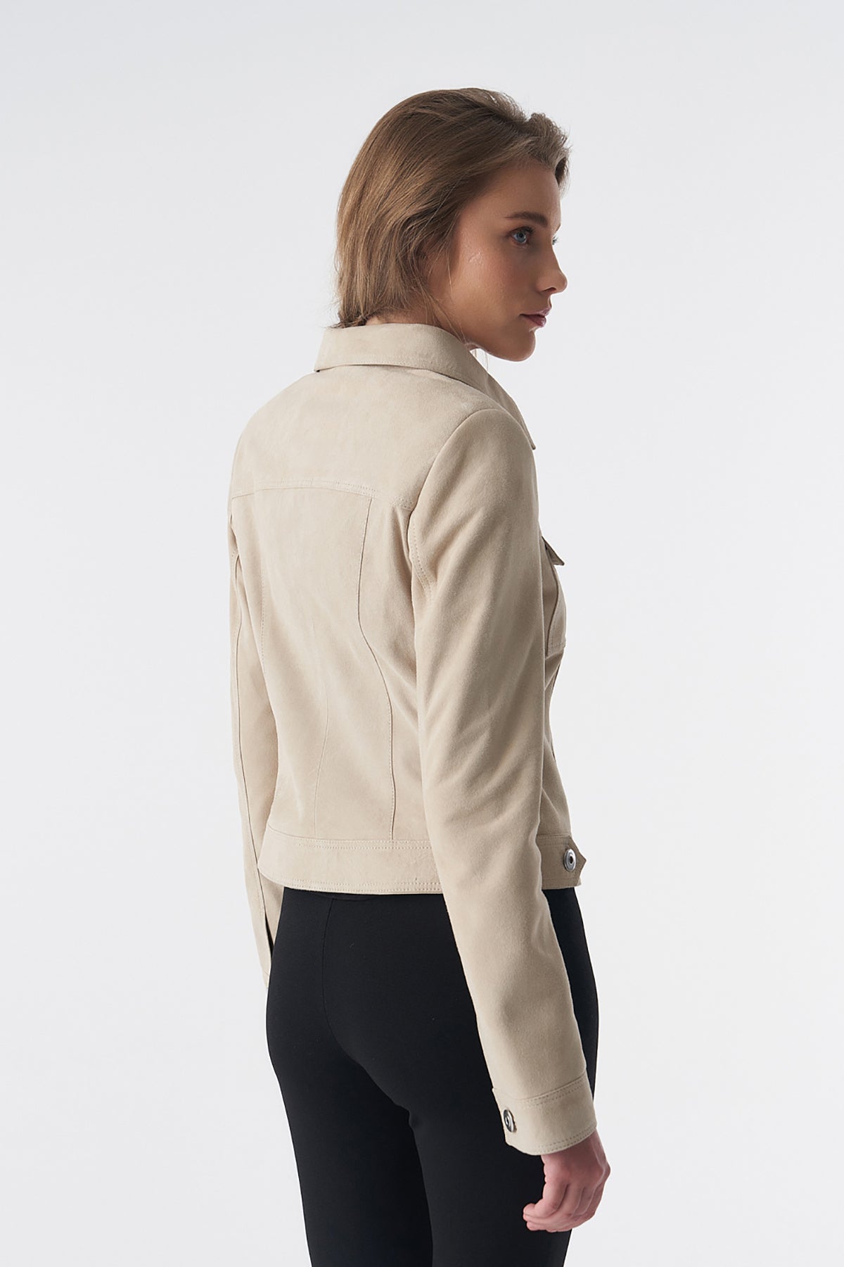 Denim Style Zipper Suede Jacket, Beige